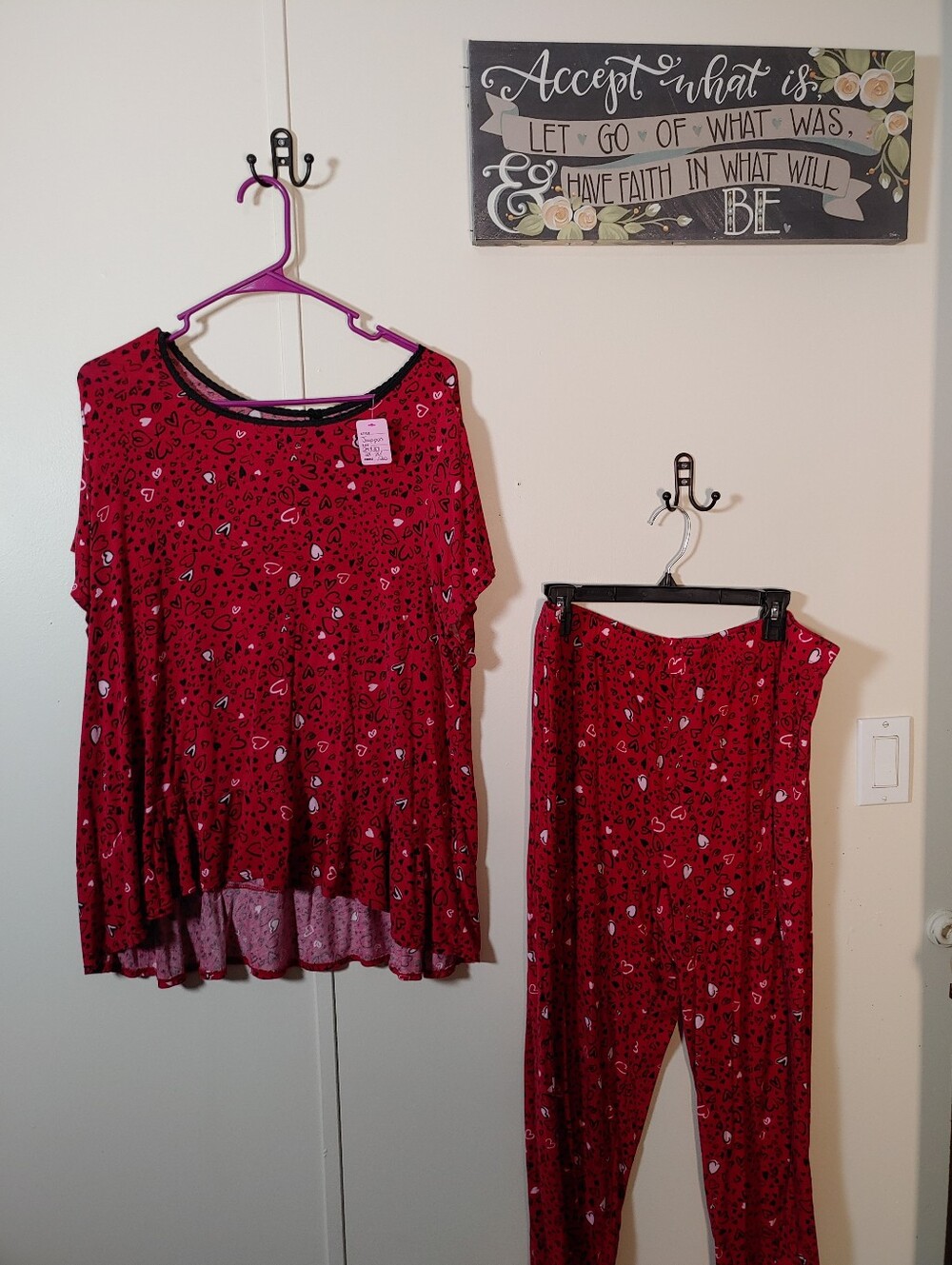 Joyspun Soft 2X 18/20 Short Sleeve Adorable Red With Hearts Pajama Set